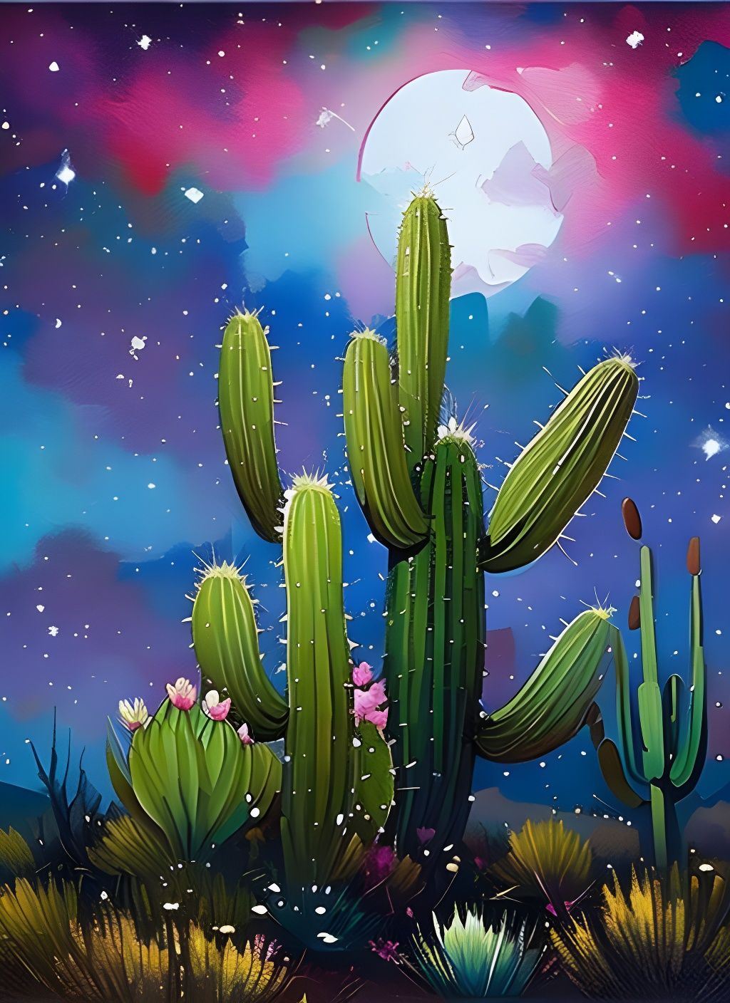 Flowering Cacti Under Starry Night, Expressive Painting