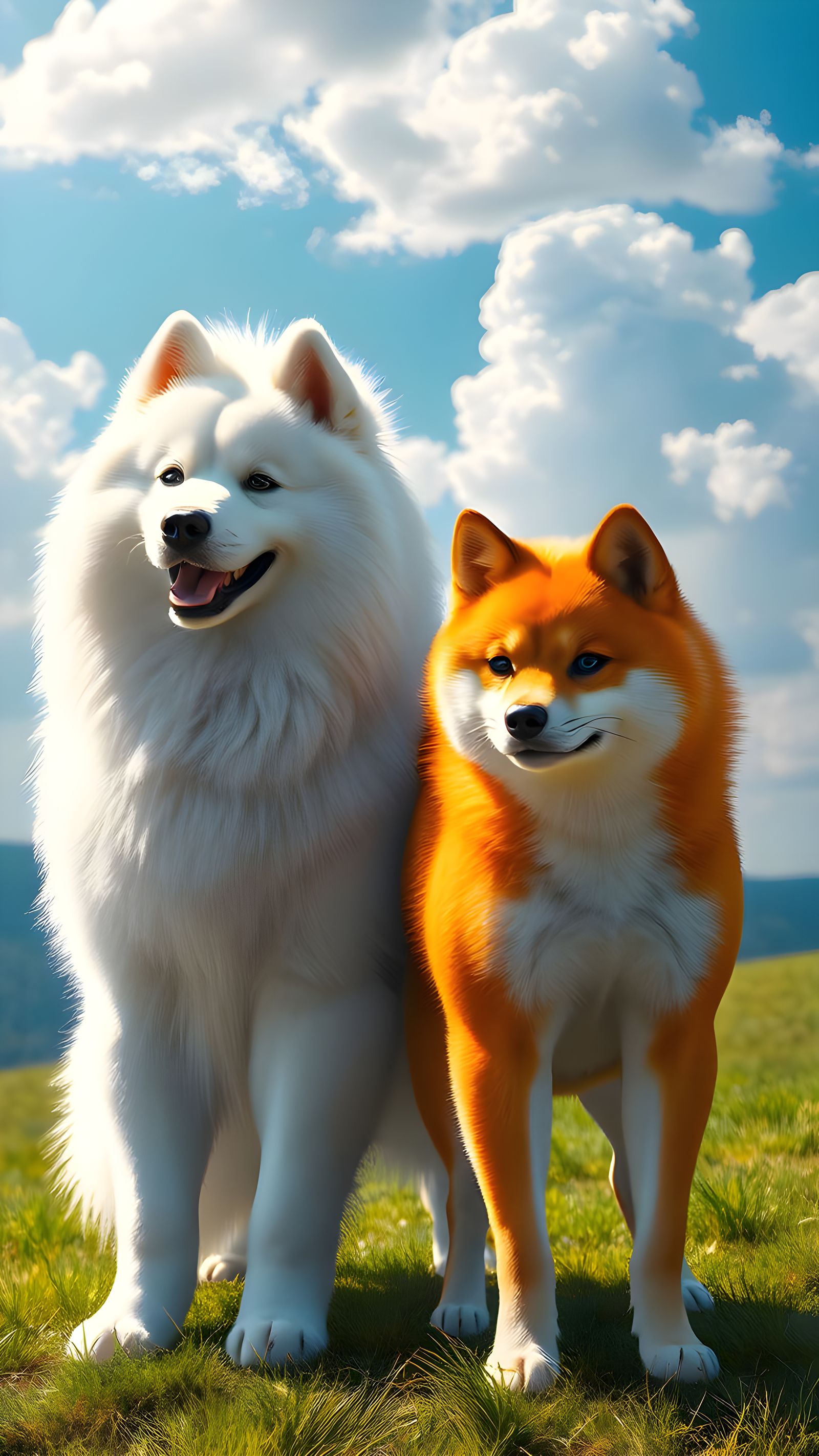 Majestic Samoyed and Shiba Inu Standing Together in a Sunlit...