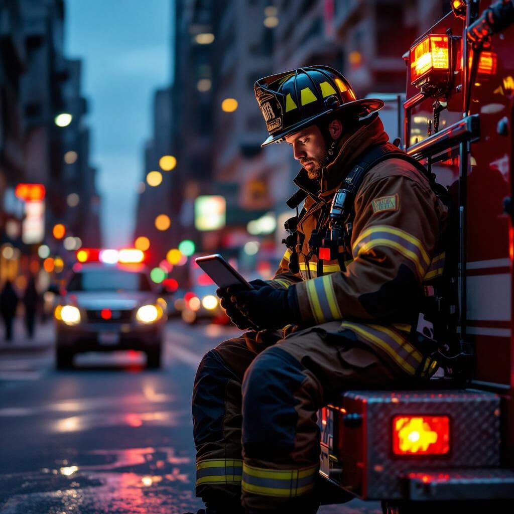 Firefighter on Truck with iPad at Dusk