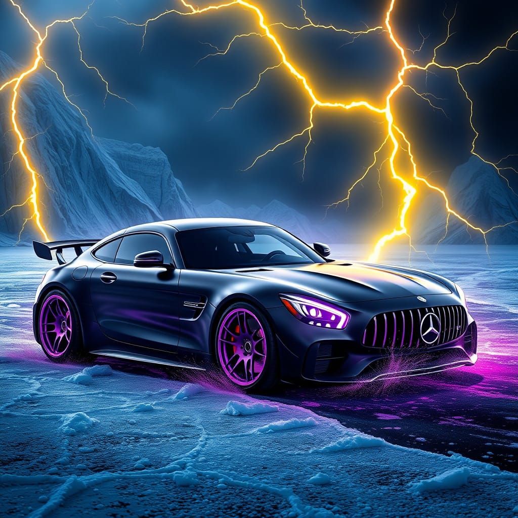Sleek, High-Octane Mercedes AMG GT R in a Dramatic Stormy Ni...