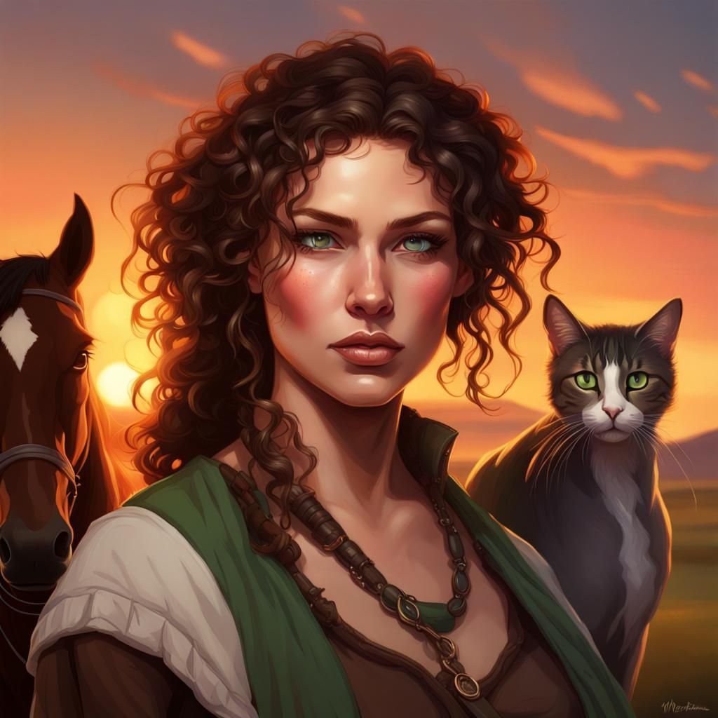 Medicine Woman, Horse and Cat in Sunset Light