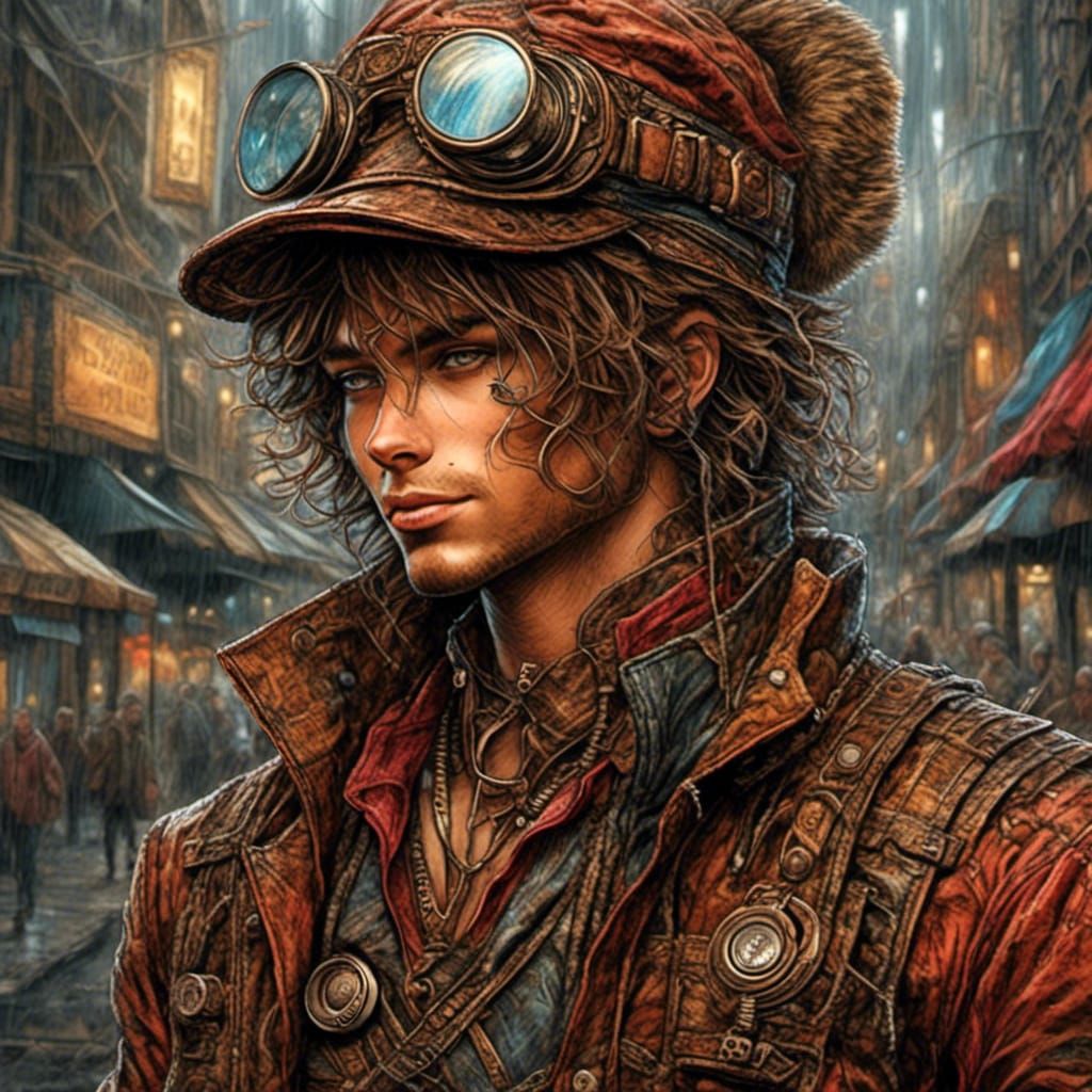 Steampunk Cat in Crowded Futuristic City