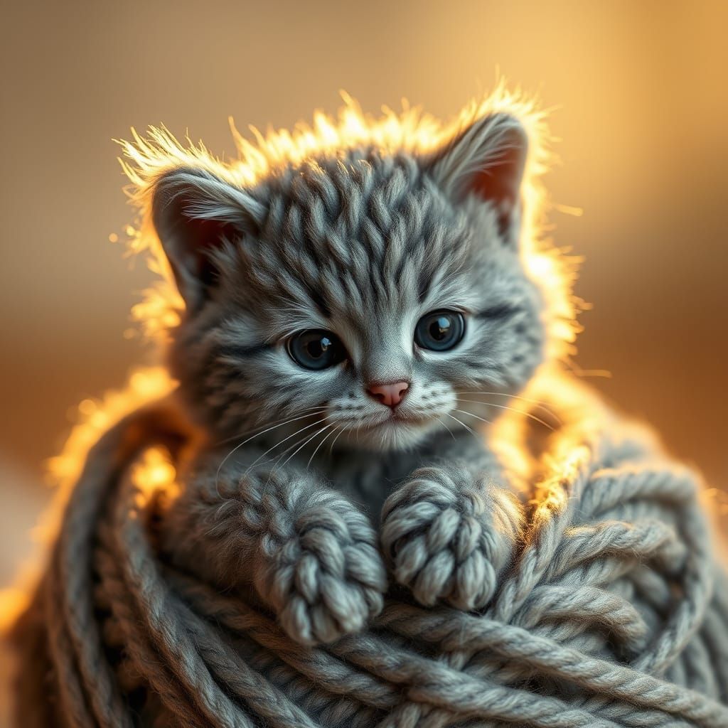 Whimsical Knitted Kitten in Golden Light