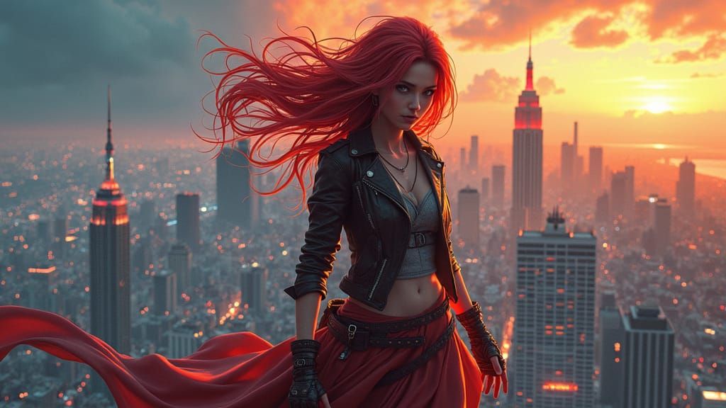 Redhead Anime Heroine in Cyberpunk Cityscape