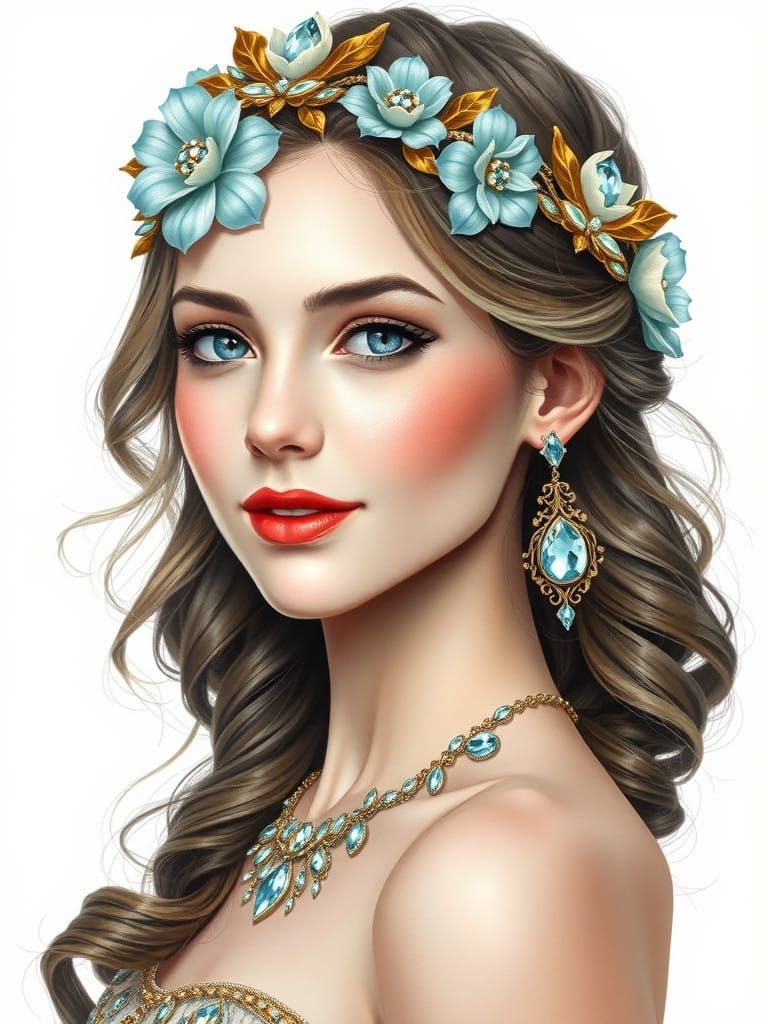 Full body length, enchanting oil-watercolor mix painting inked with delicate precision of a young elegant and sophistica...