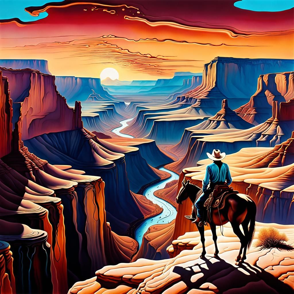 Surreal Cowboy Gazes Over Desert Canyon, Salvador Dali Style