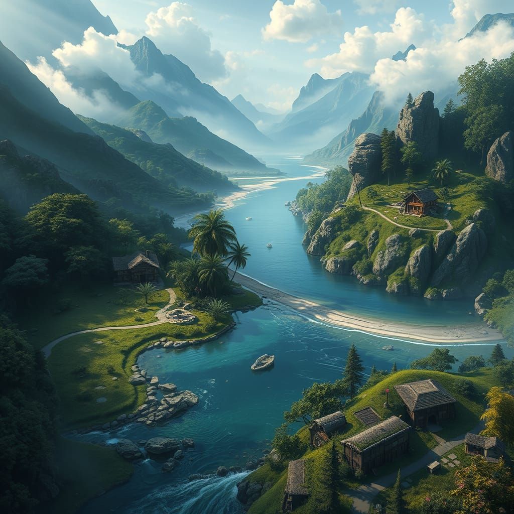 Dreamlike Fantasy Landscape with Tavern and Dungeon