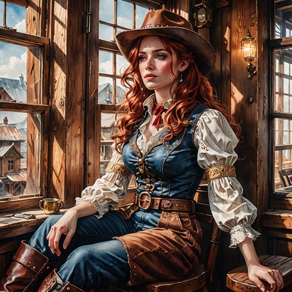 Steampunk Cowgirl Portrait in Saloon with Shotguns