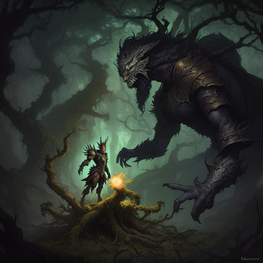 Half-Dead Harbinger in Mystical Forest, Frazetta Style