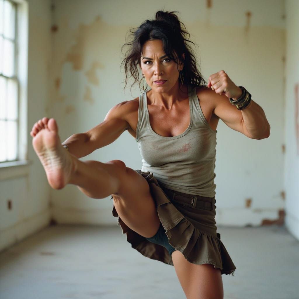 Powerful Kick by Latin Woman in Punk Style