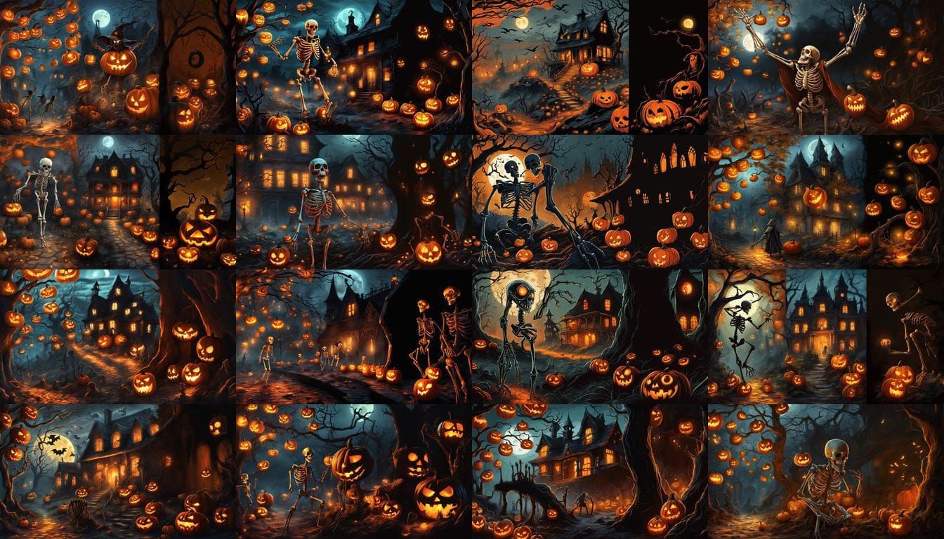 Skeletons Dance Around Evil Pumpkins Under Moonlight