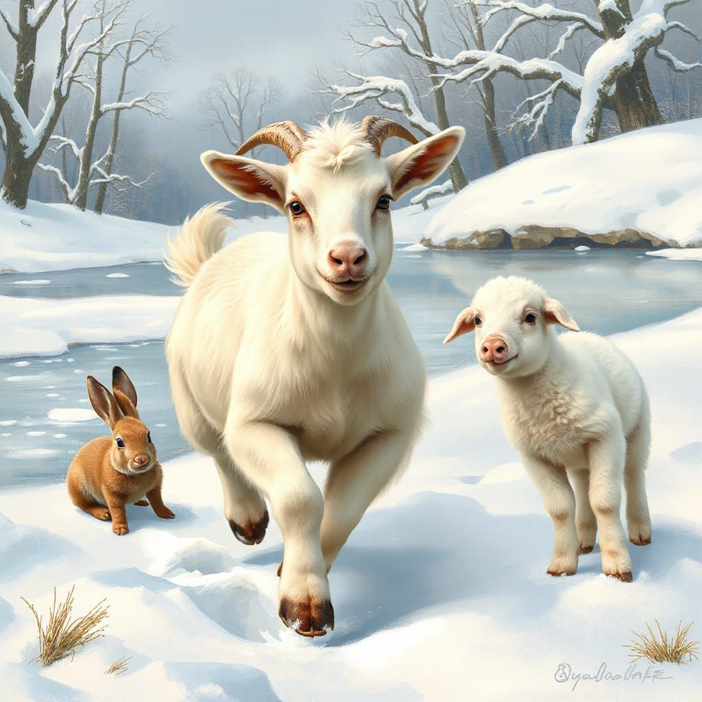 Winter Wonderland of Friends: Whimsical Goat, Rabbit, Pig, a...