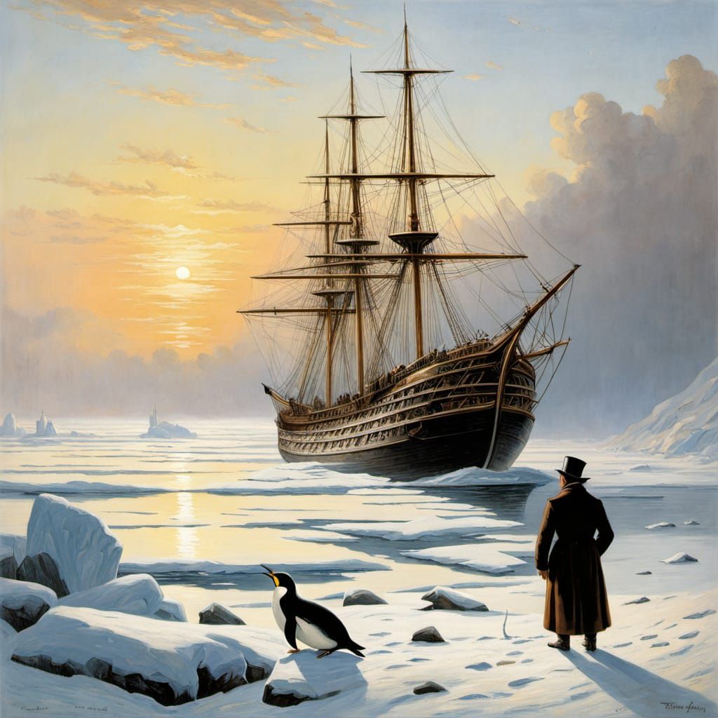 Ernest Shackleton and a penguin watching the Endurance