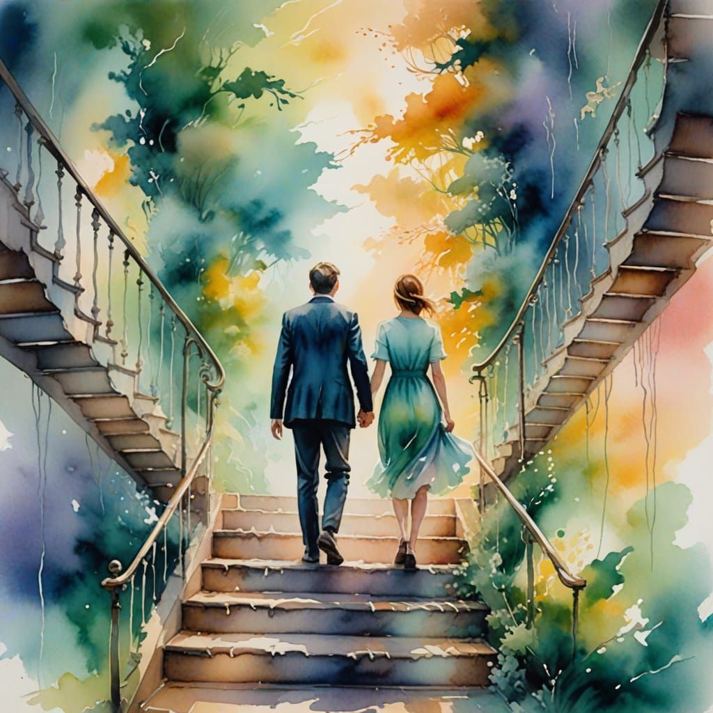 Ethereal Watercolor: People on a Magical Staircase