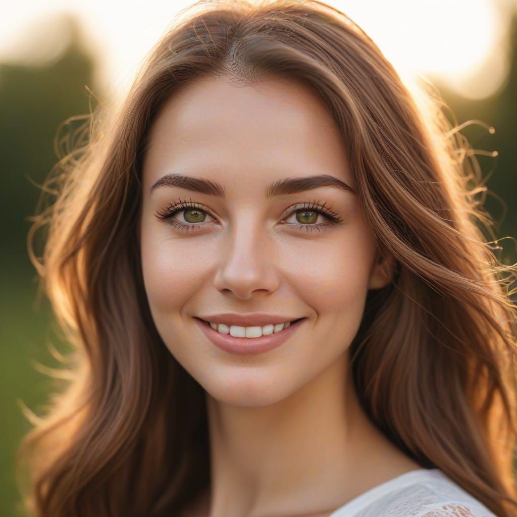 Serene Woman with Long Brown Hair and Green Eyes in Soft Foc...