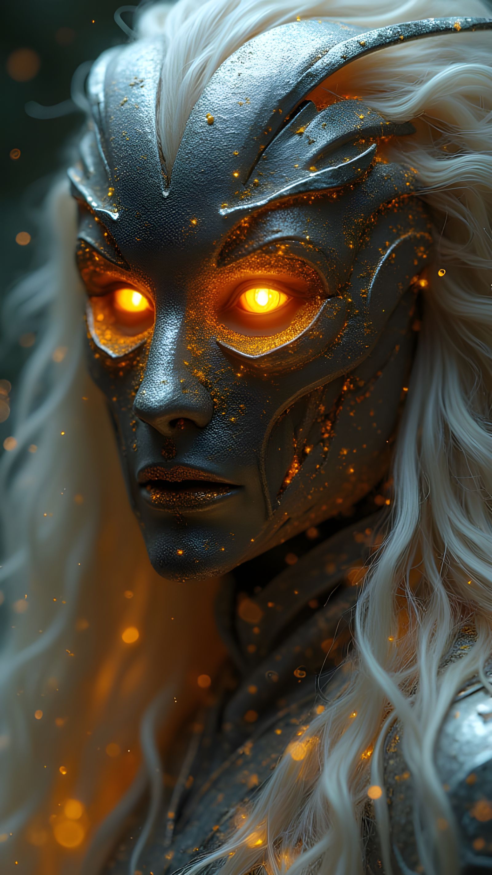 Mysterious Figure in Golden Light with Mechanical Mask