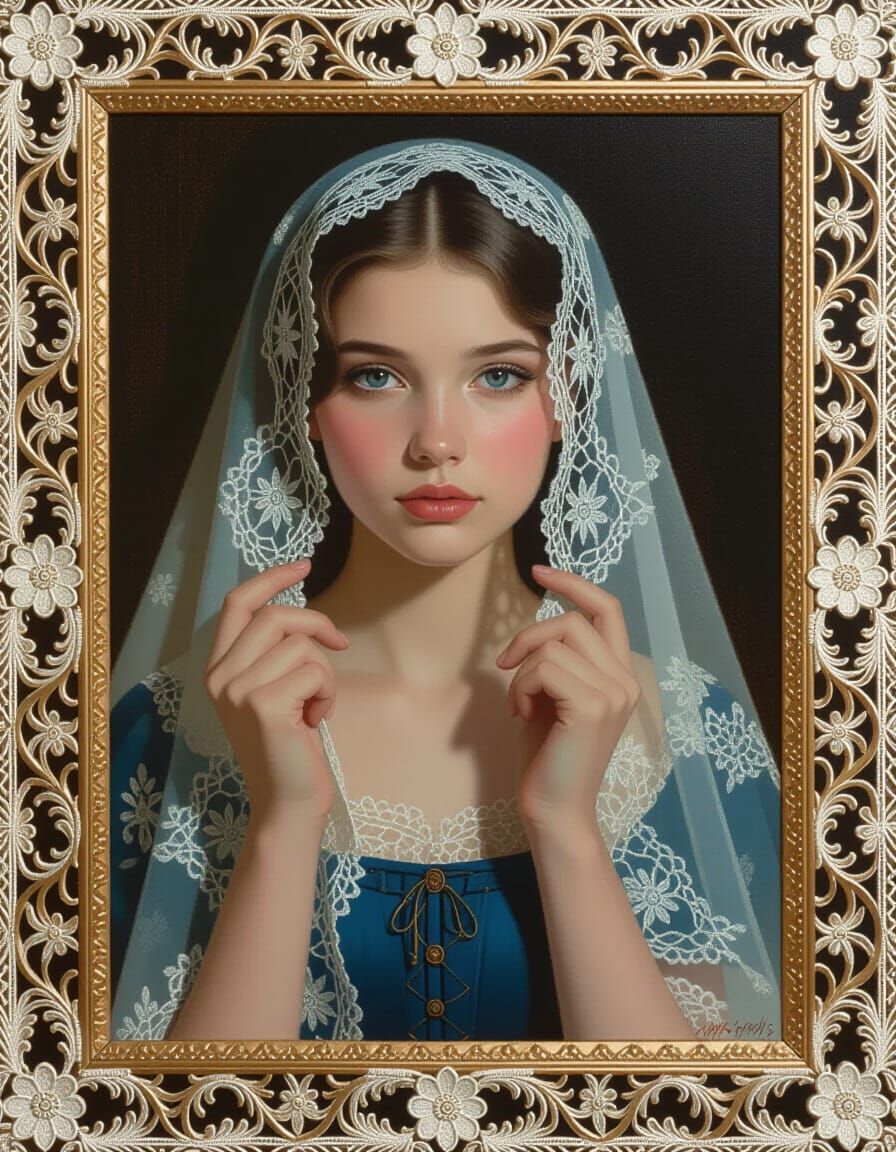 Serene Woman Veiled in Lace Portrait Painting