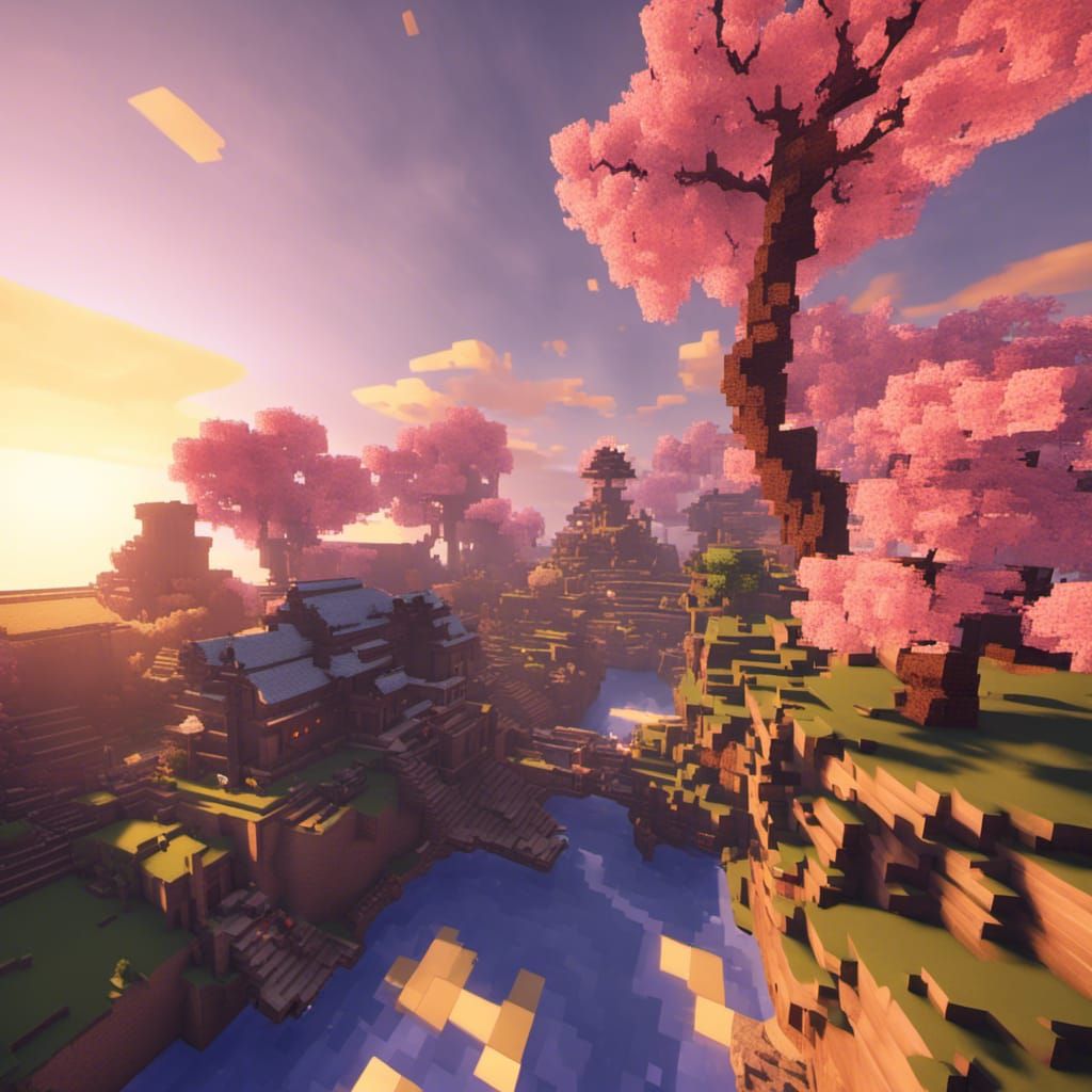 Minecraft Village on Sky Islands with Cherry Trees