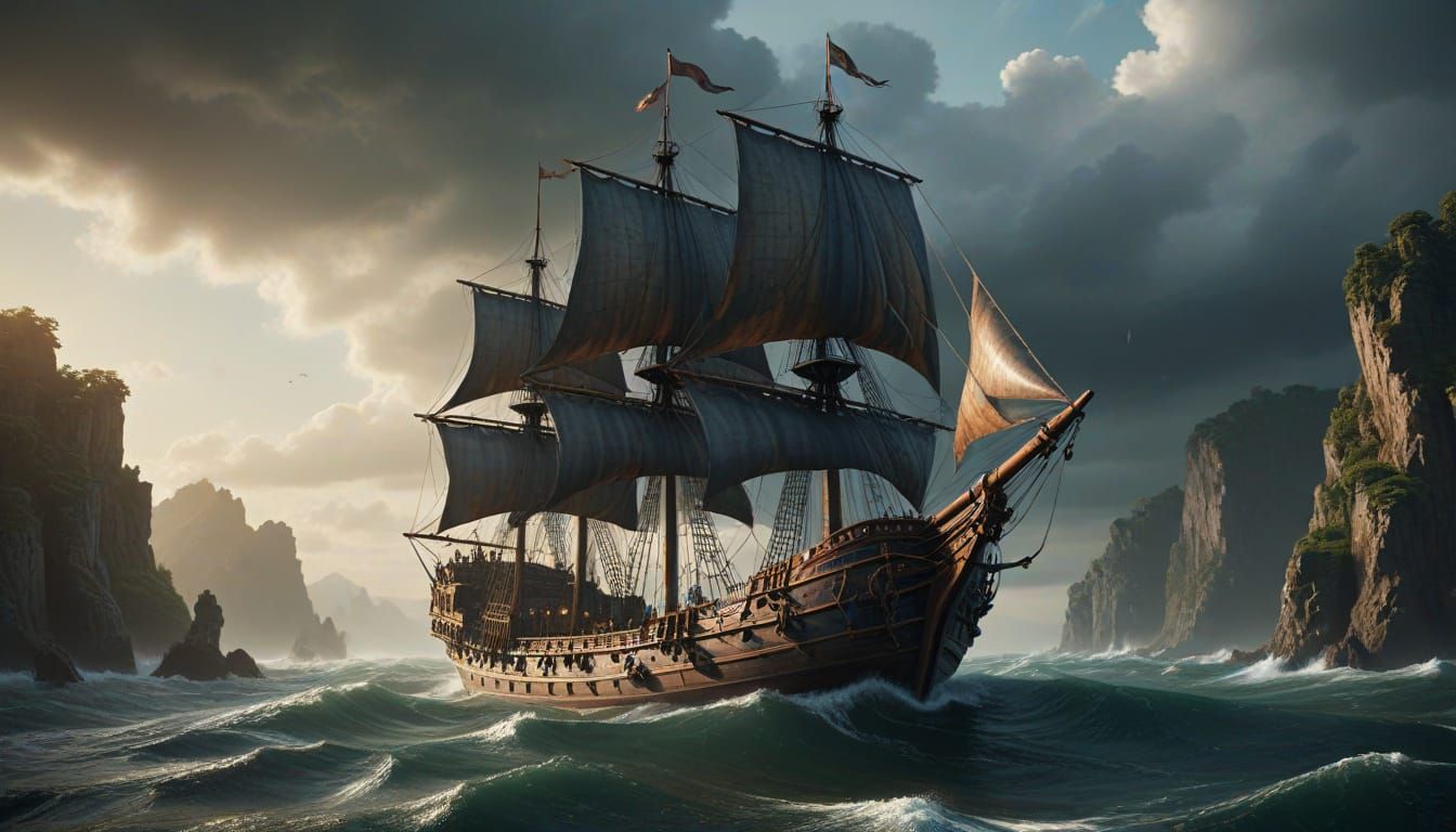 Epic Medieval Ship Sailing Scene in a Digital Matte Painting