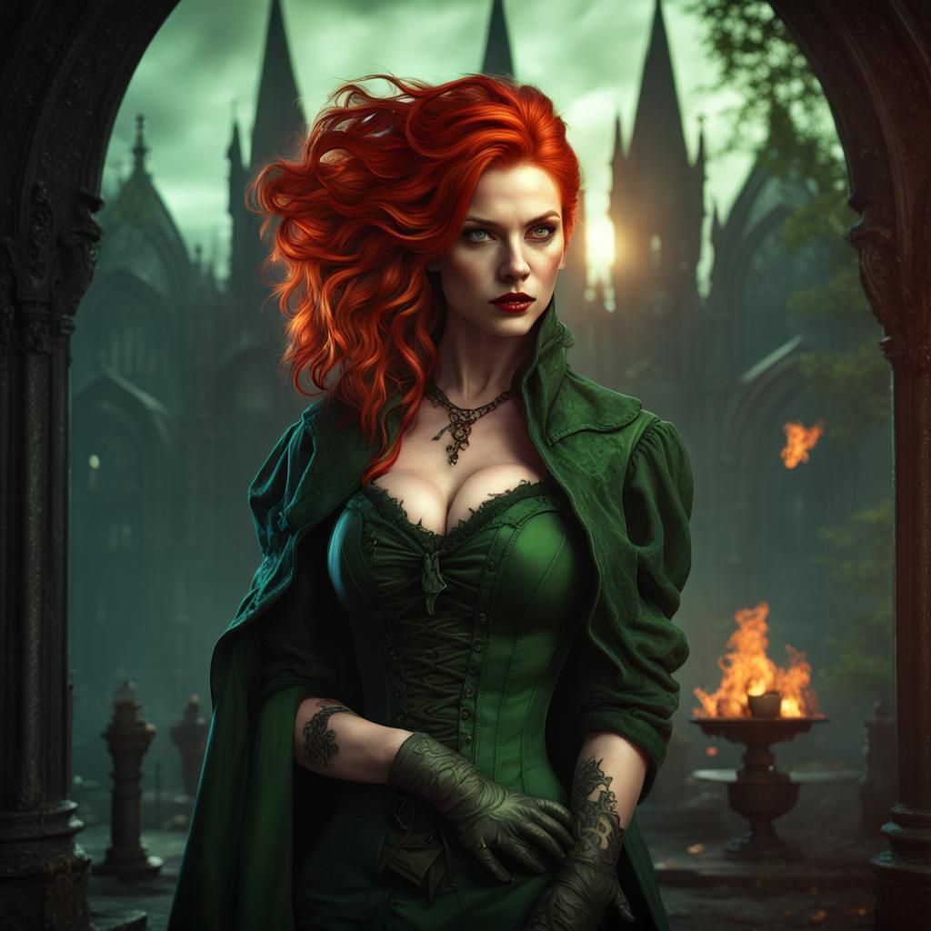 Green-clad Vampire with Fiery Hair in Gothic Scene