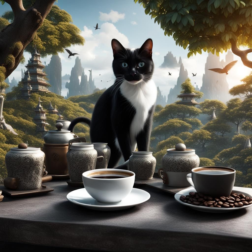 Thai Black and White Cat in Tree Garden