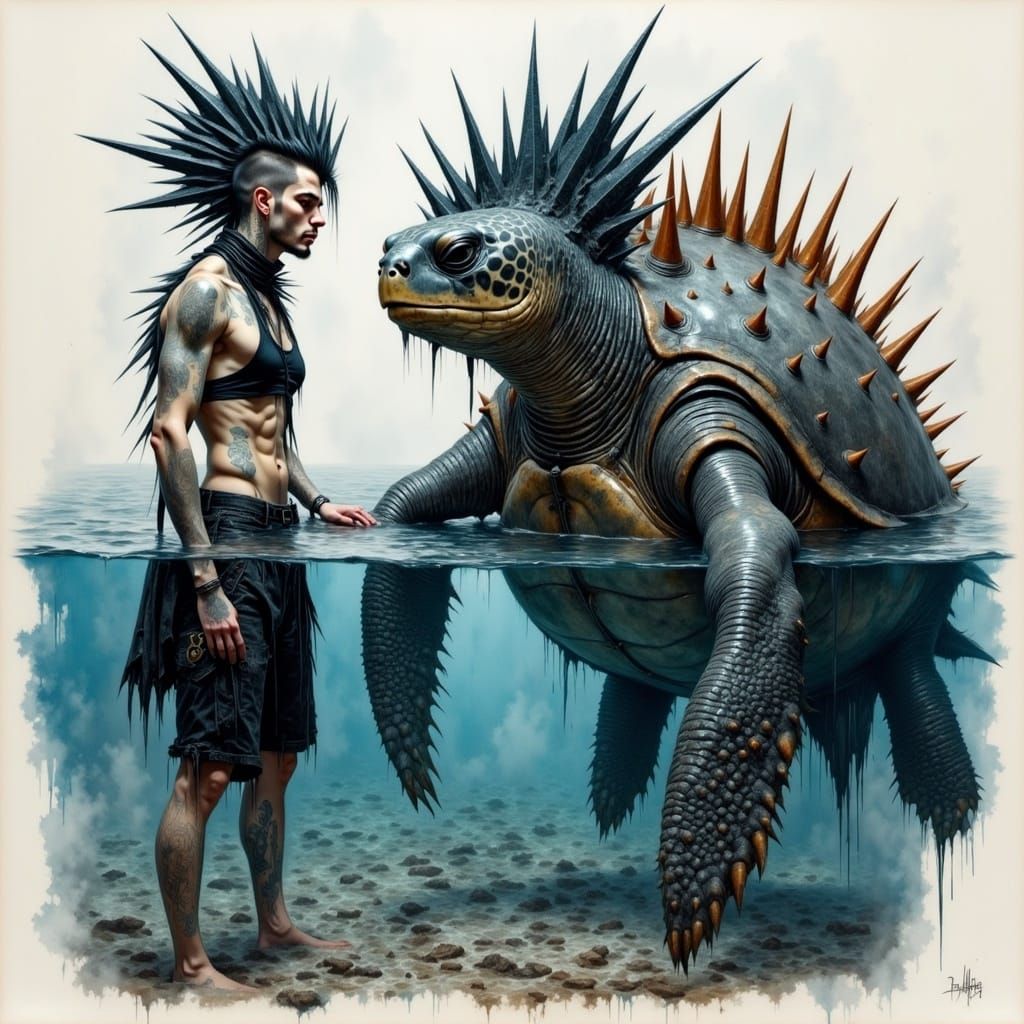 Watercolor Swimmer with Metal Sea Turtle