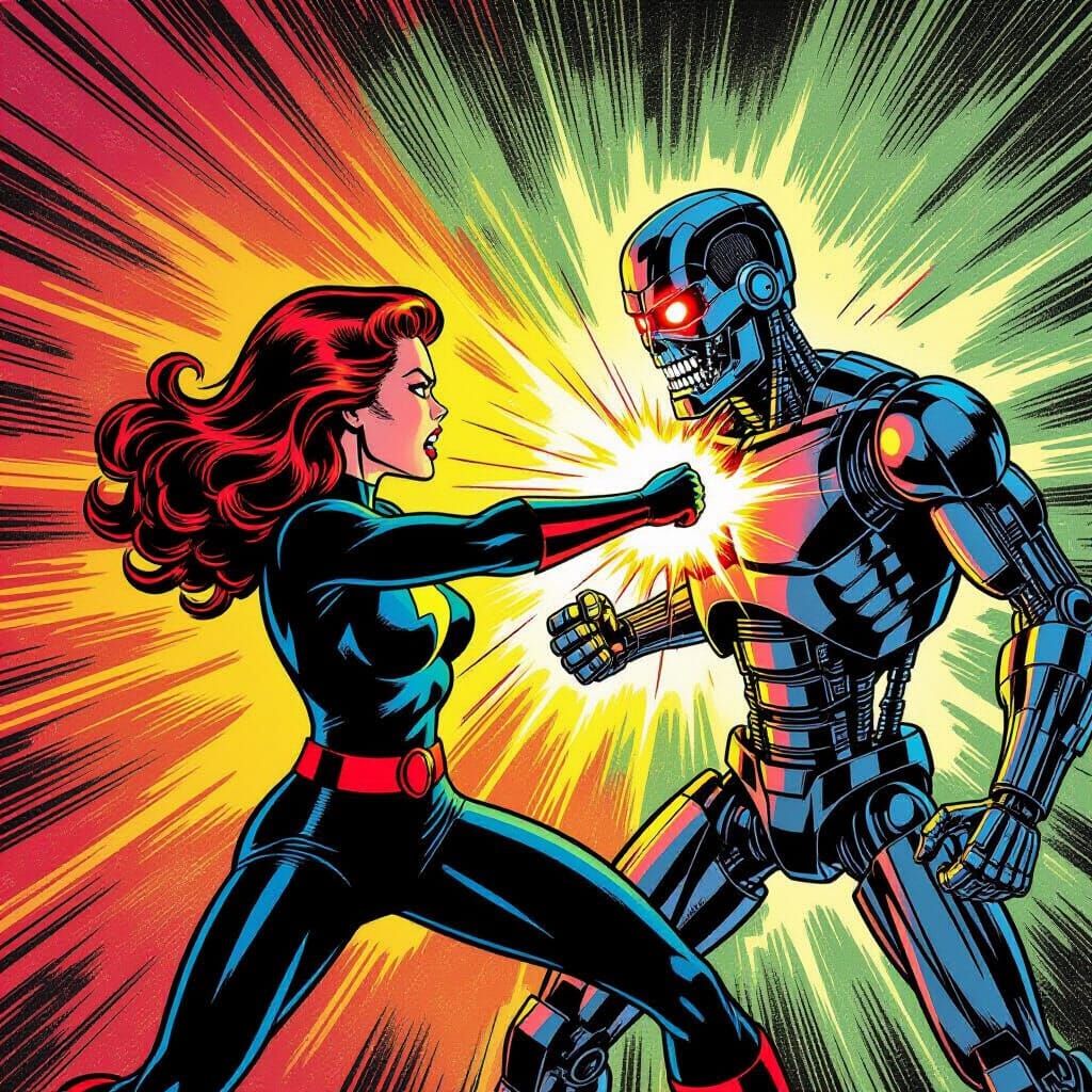 Marvel Girl Jean Grey Battles Terminator in Retro Comic Styl...