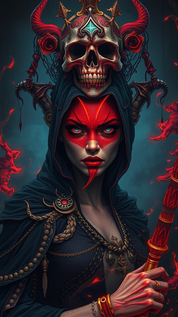 Ethereal Queen of Darkness in Vibrant, Swirling Hues