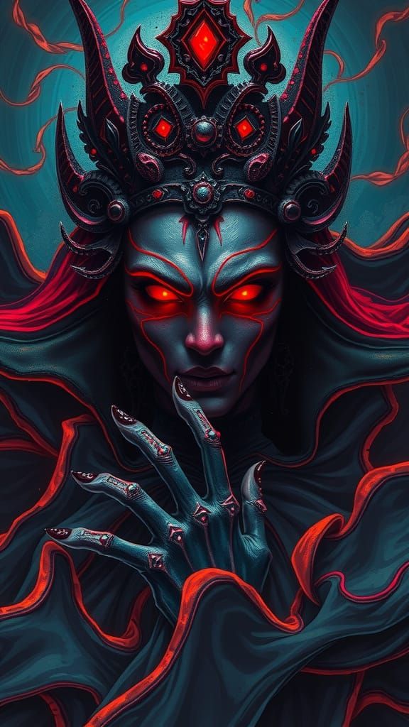 Mysterious Red Queen in Dark, Gaudy, High-Fantasy Style
