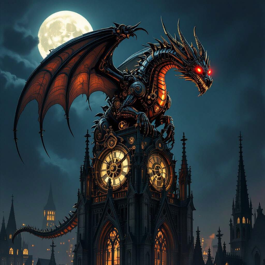 Clockwork Dragon on Gothic Cathedral Spire
