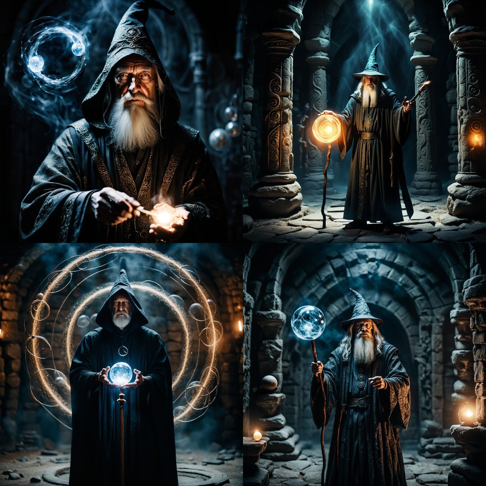 Mystical Wizard Casting Spell in Ancient Chamber