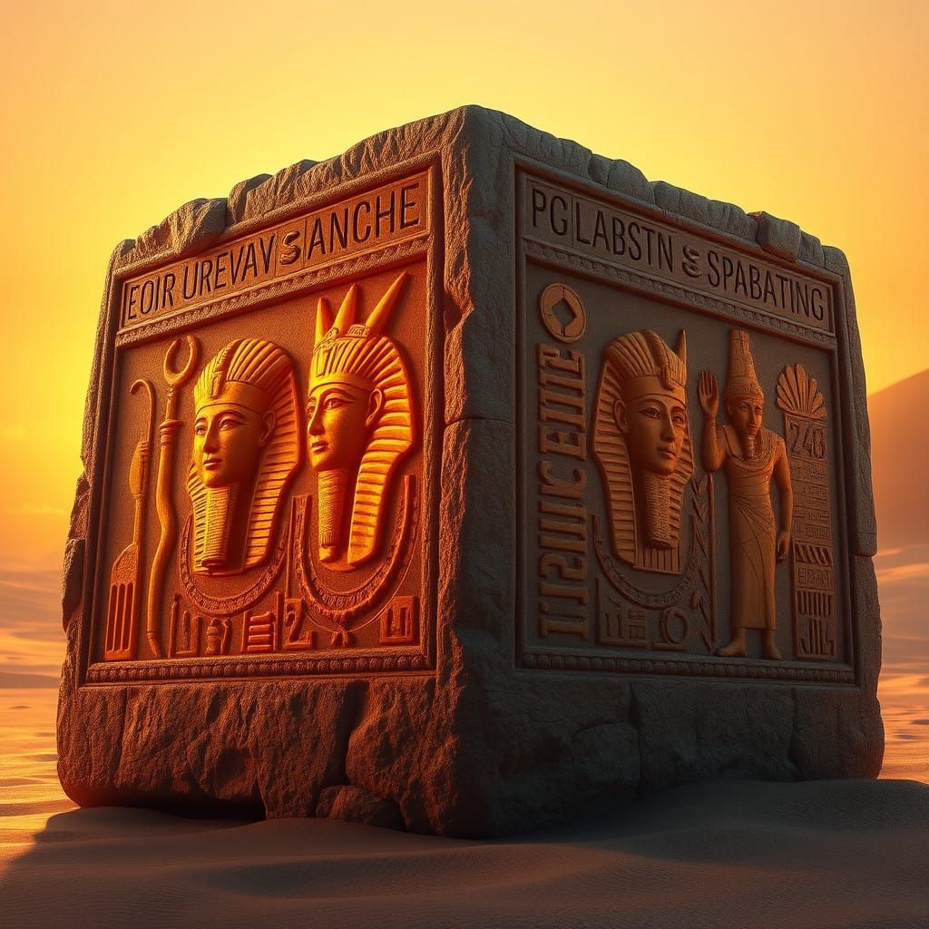 Majestic Ancient Egyptian Tablet with Golden Hieroglyphics i...