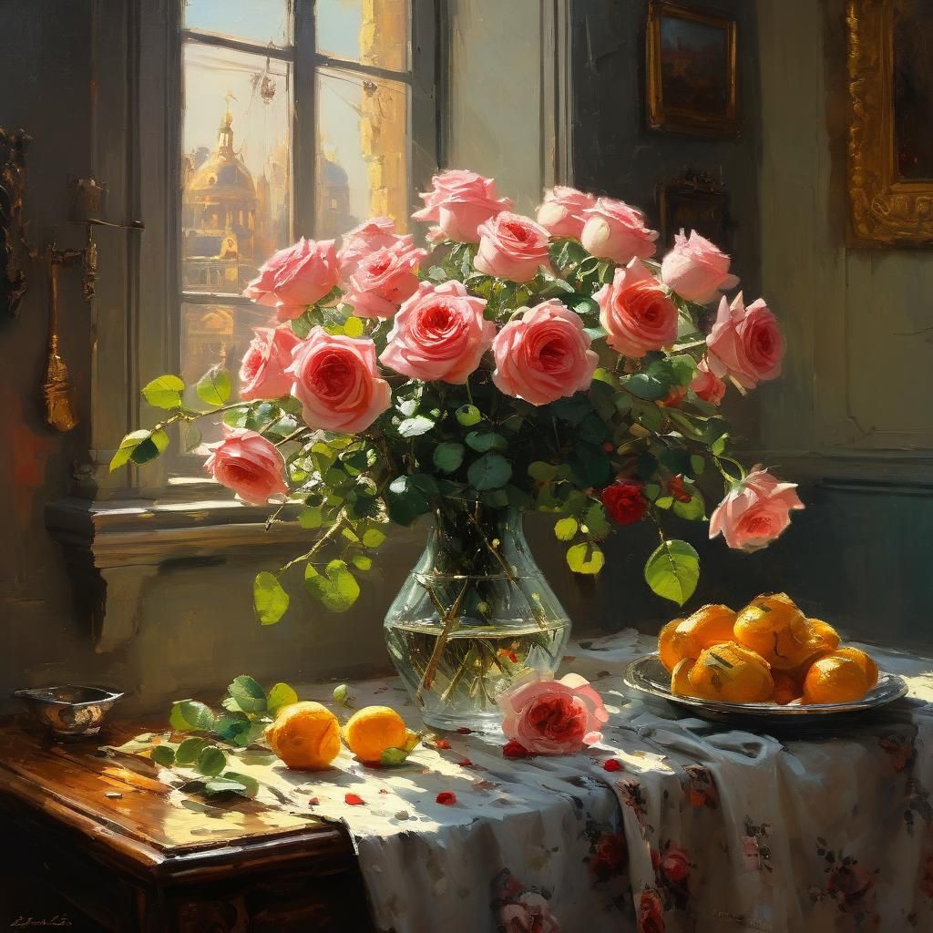 Dramatic Roses in Golden Light, Oil Painting
