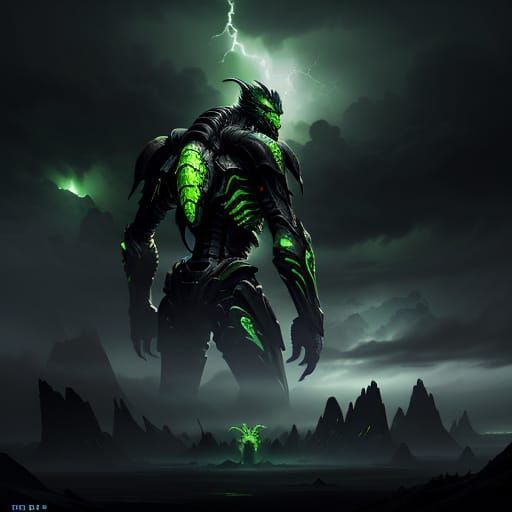 Cyberpunk Beast Unleashed Amidst Dark, Turbulent Skies