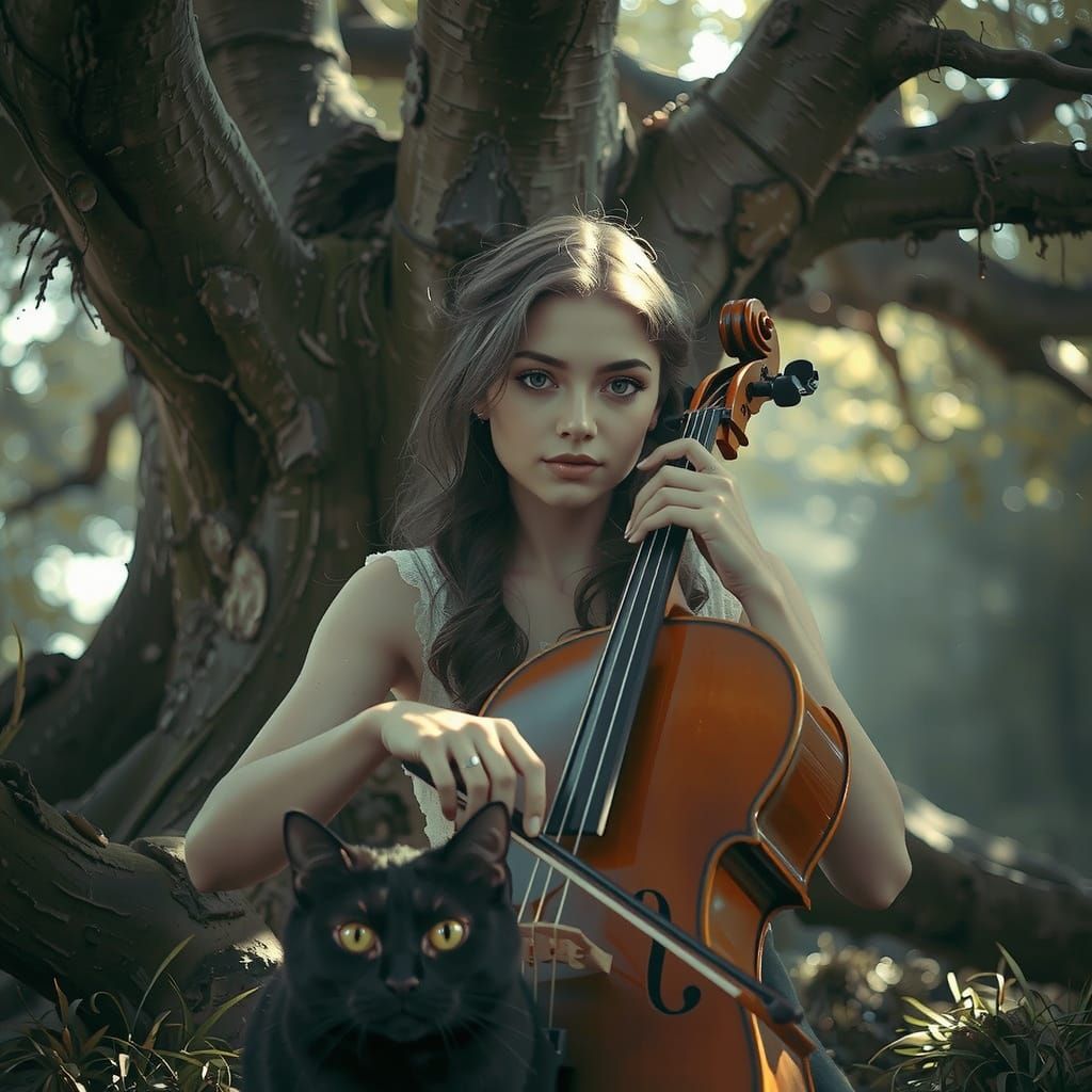 Woman Plays Cello for Cat Under Ancient Tree