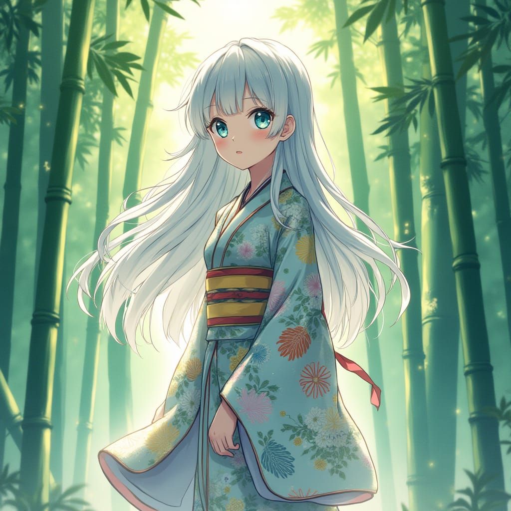 Anime Girl in Bamboo Forest, Watercolor Style