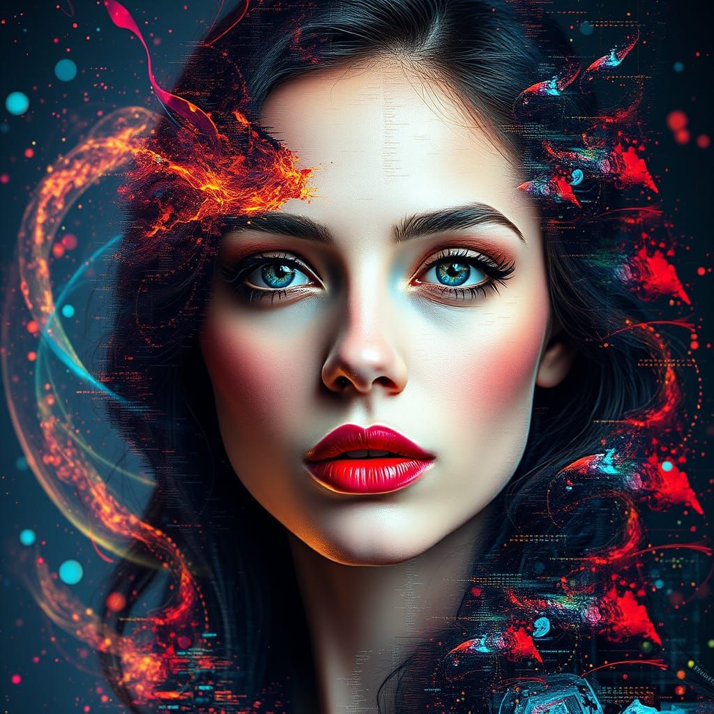 Mesmerizing Glitch Art Portrait with Nebulae