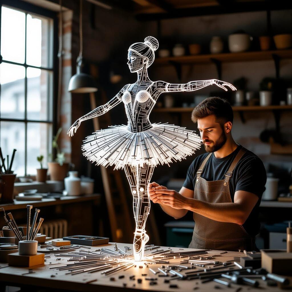 Ballerina Crafted from Screws and Nails in Workshop
