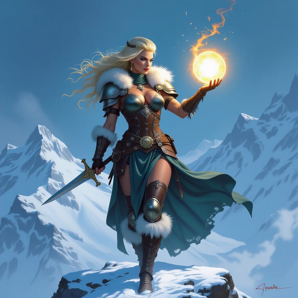 Valkyrie with Glowing Orb Over Snowscape