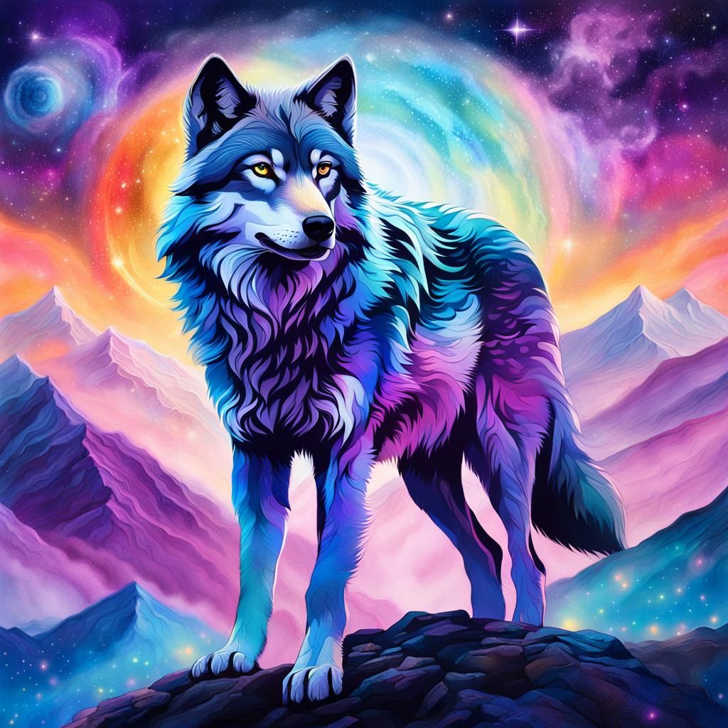 Astral Wolf on Iridescent Peak in Cosmic Style