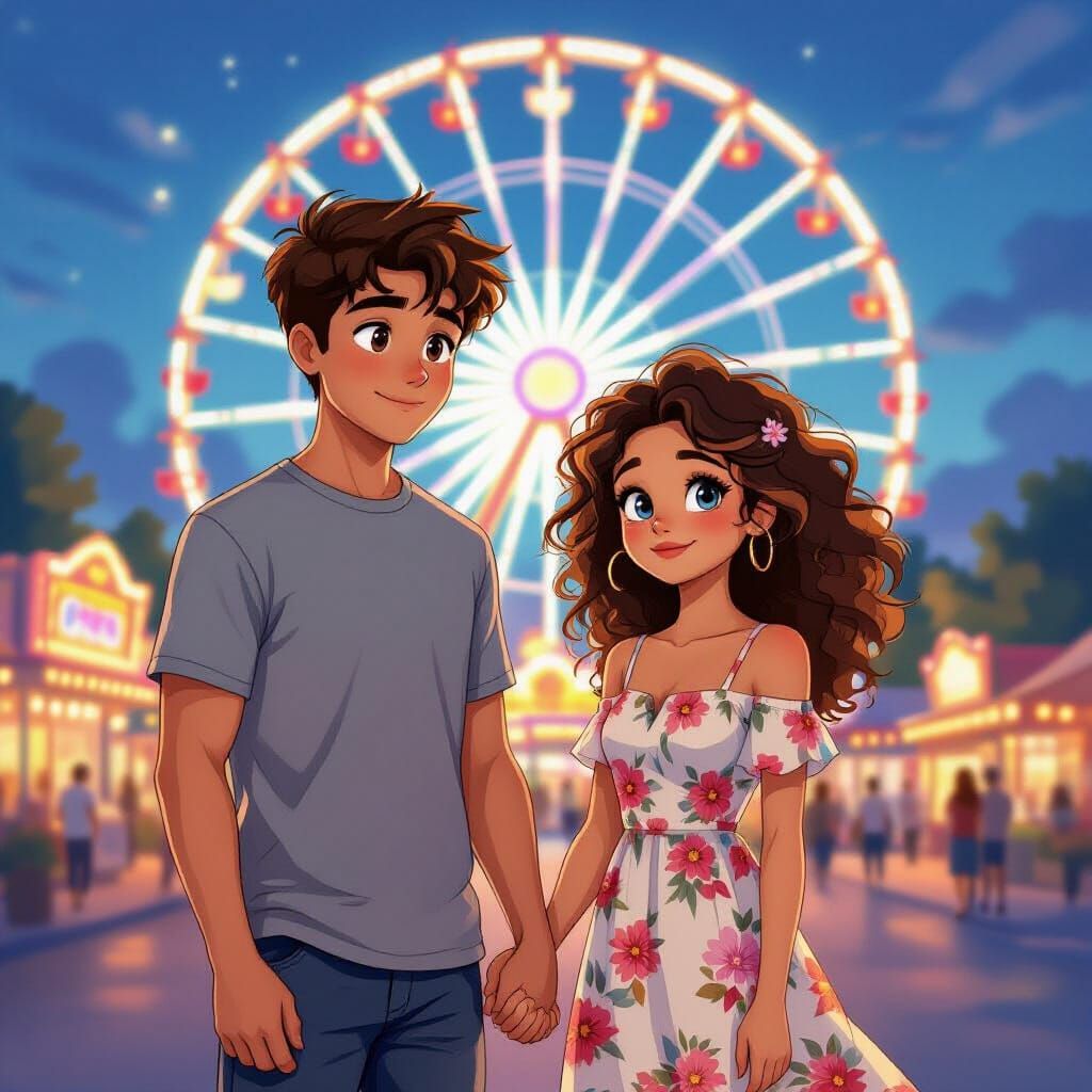 Couple at Ferris Wheel in Whimsical Painterly Style