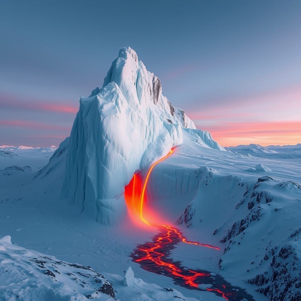Majestic Iceberg Towers Over Lava Flow in Surreal Landscape