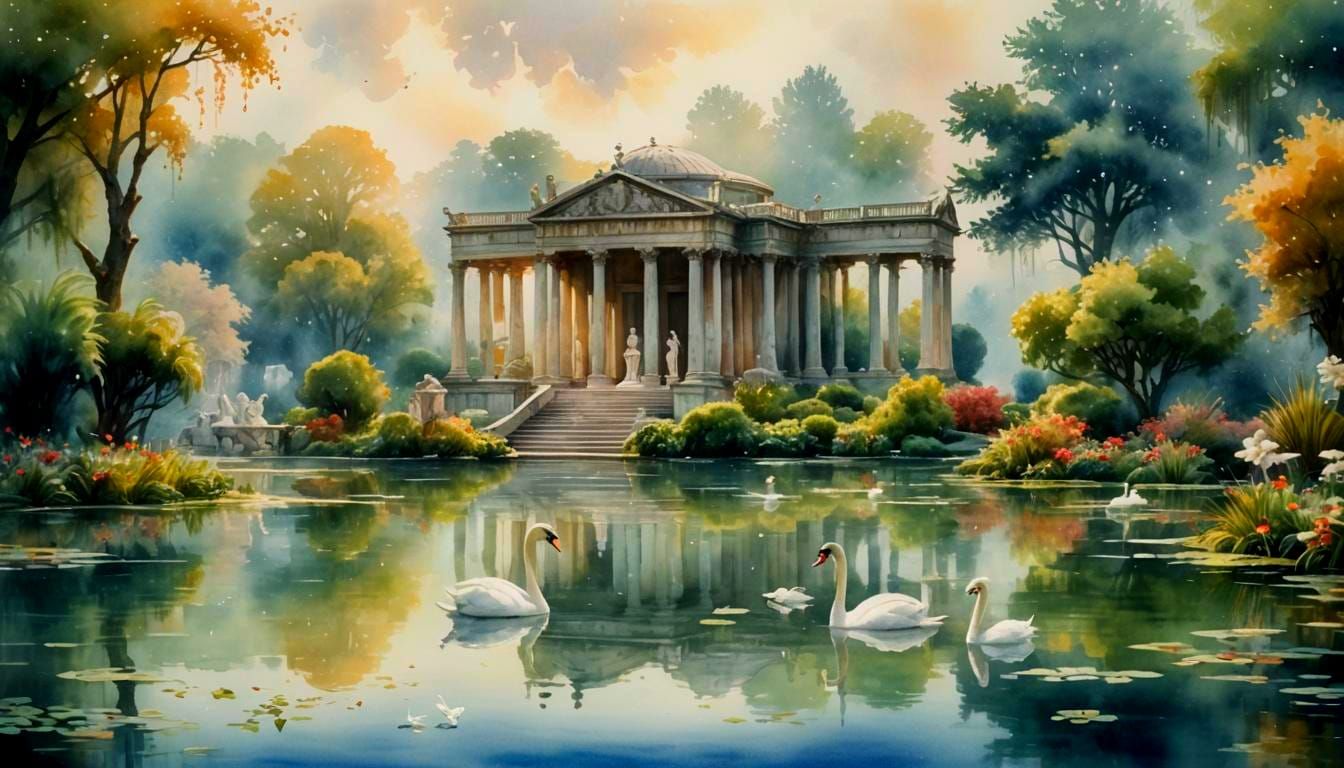 Seaside Park with Roman Statues in Watercolor Style