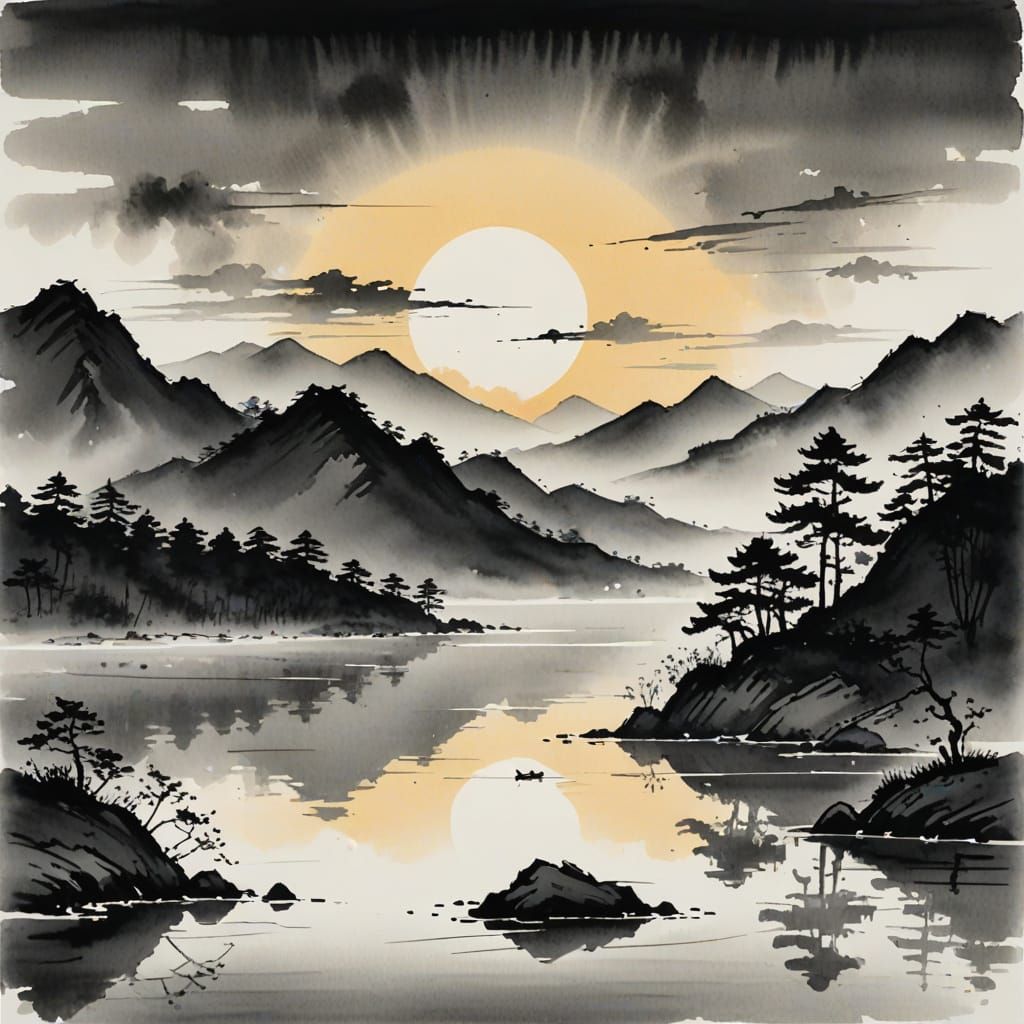Sunrise Over Crystal Lake in Sumi-e Style