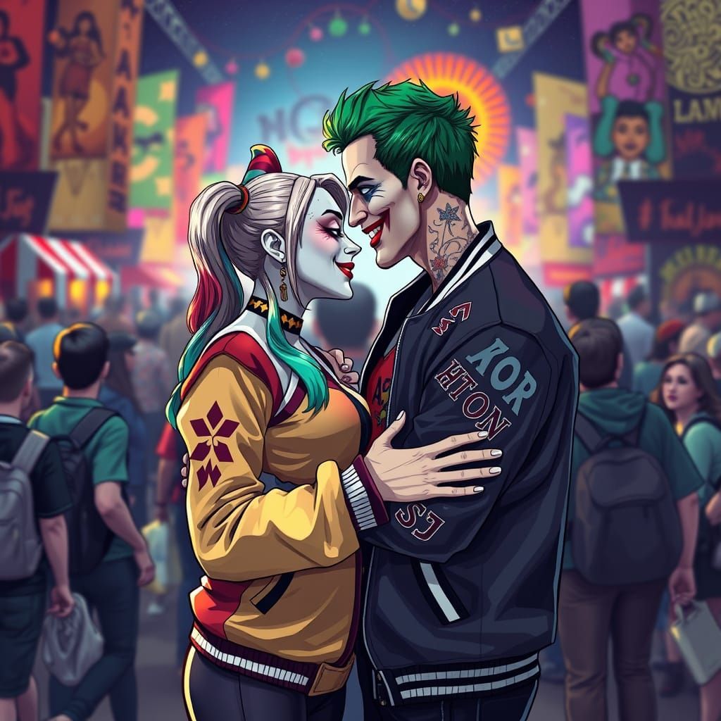 Harley Quinn and Joker Embrace at Festival in Abstract Style