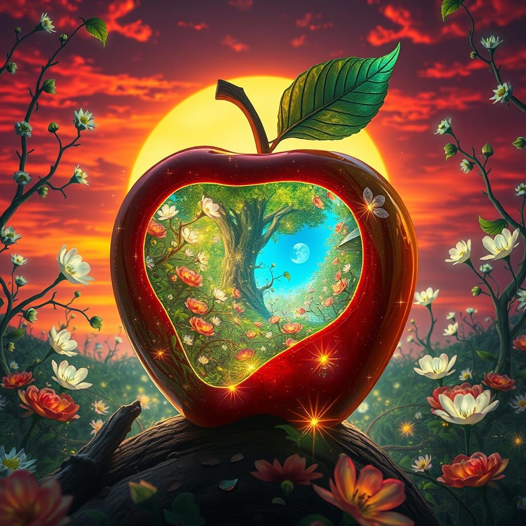 Surreal Apple Landscape in Vibrant, Ethereal Light