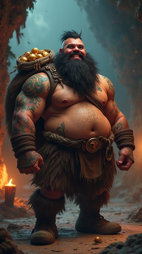 Jovial Orc Barbarian in Treasure Cave: Fantasy Concept