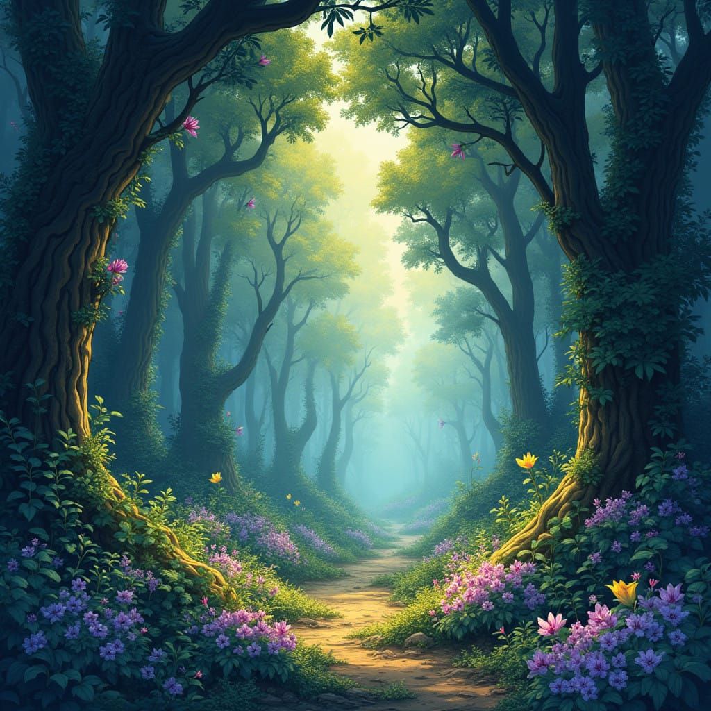 Ethereal Woodland Sanctuary in Vibrant Hues