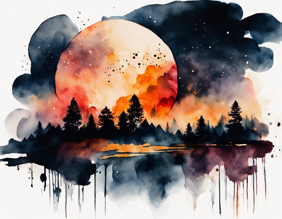 Hazy Moon in Watercolour with Expressive Brushstrokes