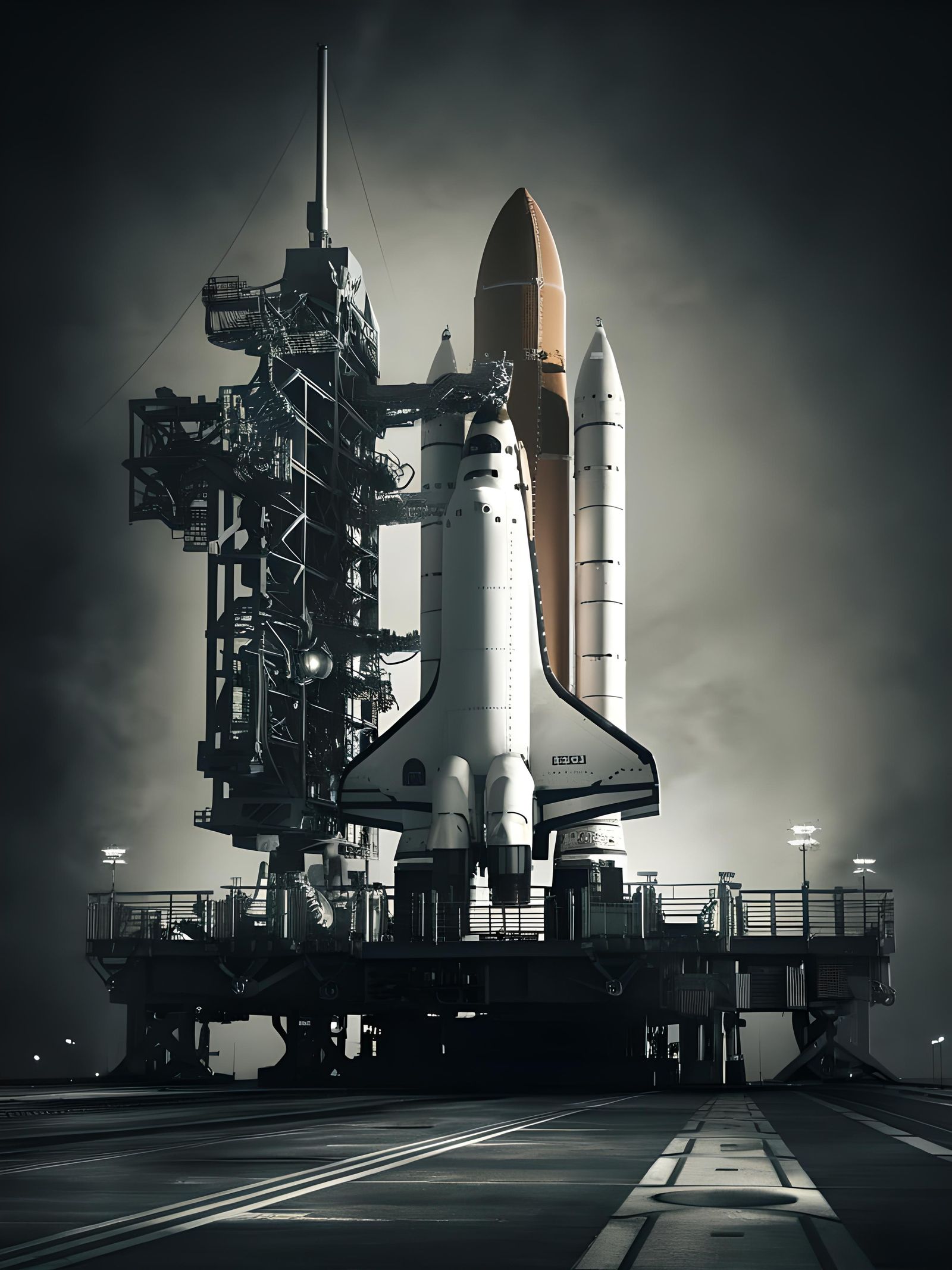 Newly designed Space Shuttle on launch pad ready for takeoff.